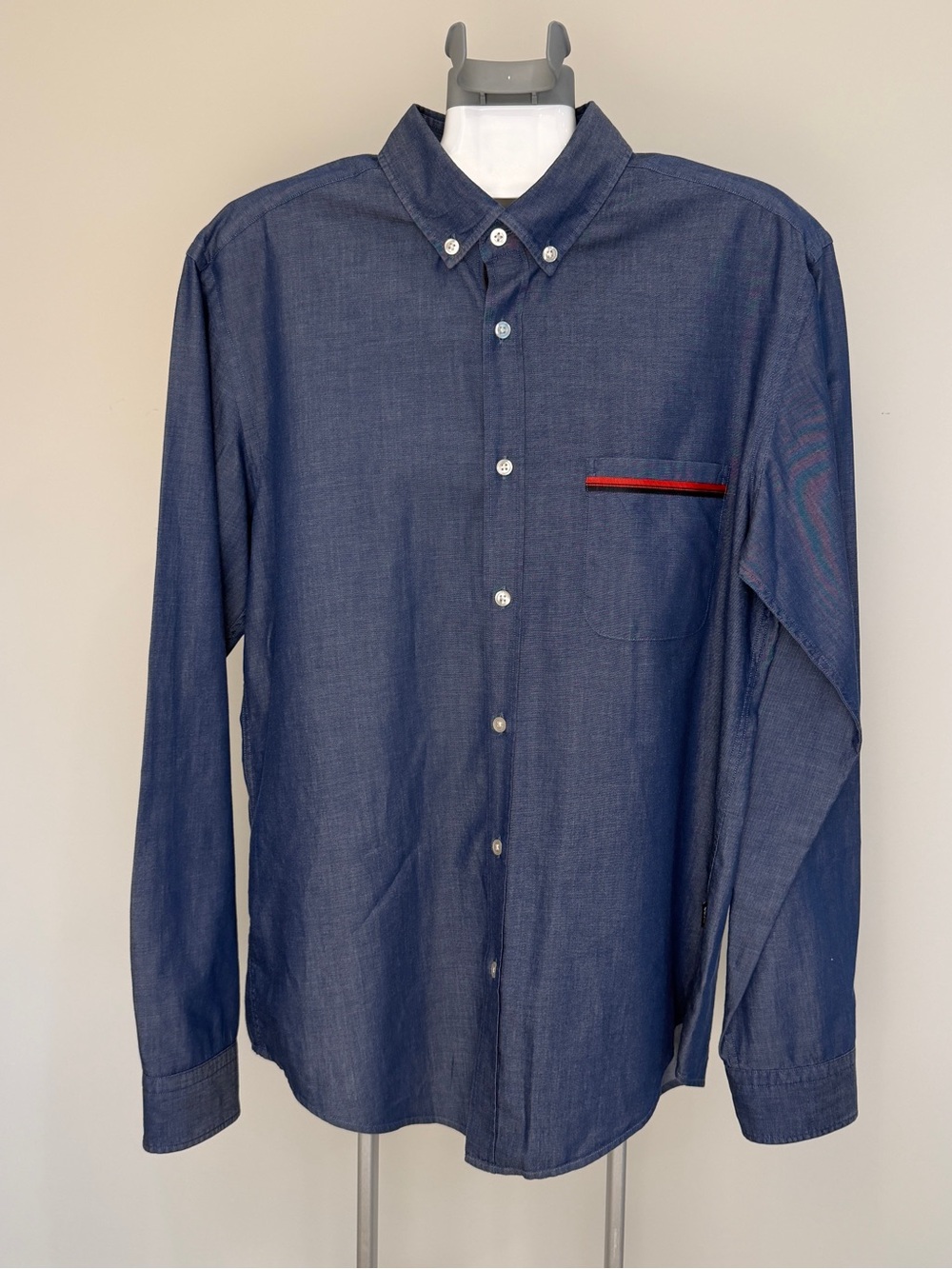 Boss Chambray Button-Down Shirt with Red Pocket Trim